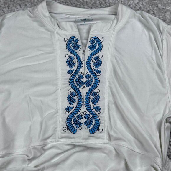 CabanaLife Ruched Rashguard Swim Cover Up White Blue - Picture 4 of 6